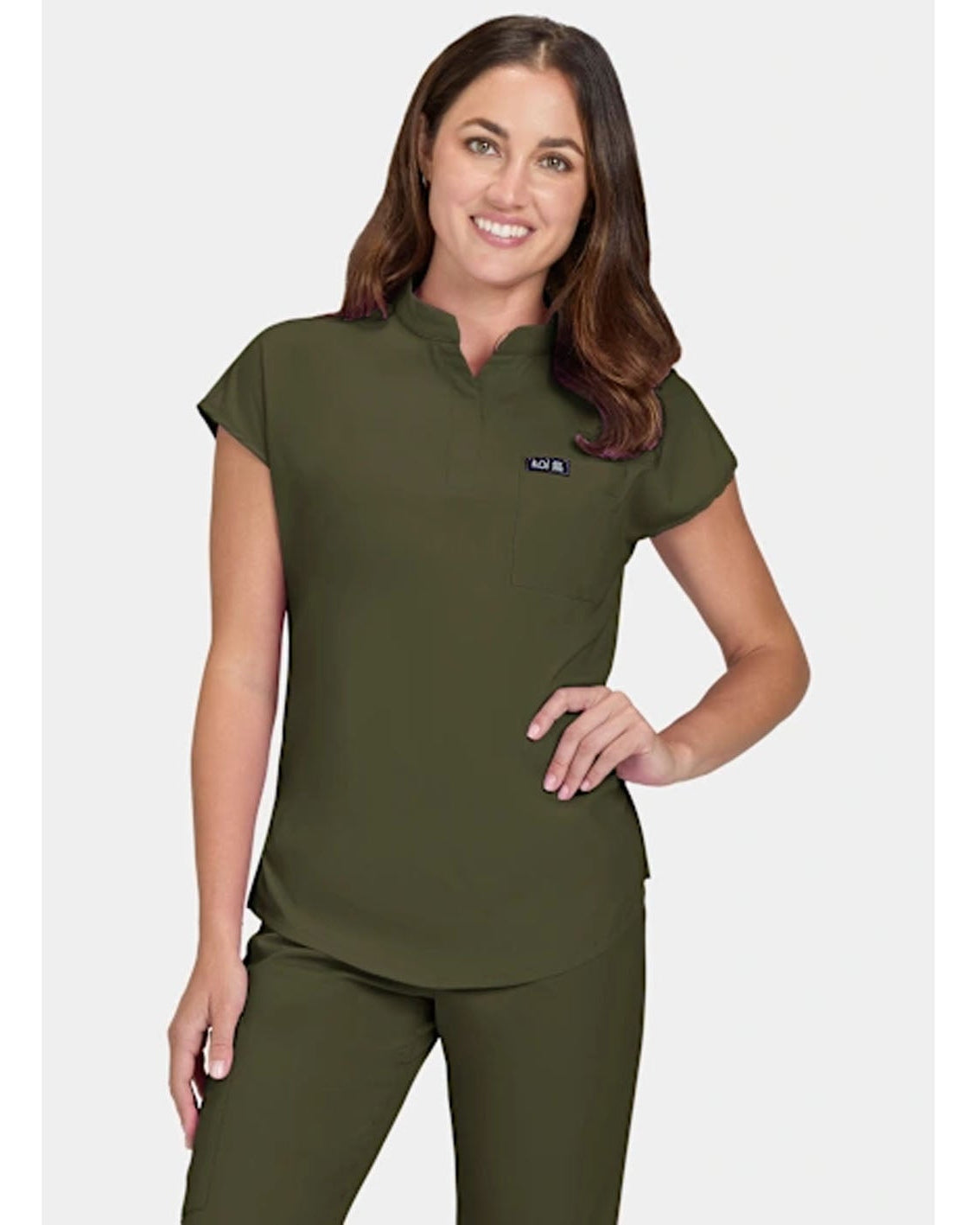 A Lady with an olive Green Scrub set on a white background