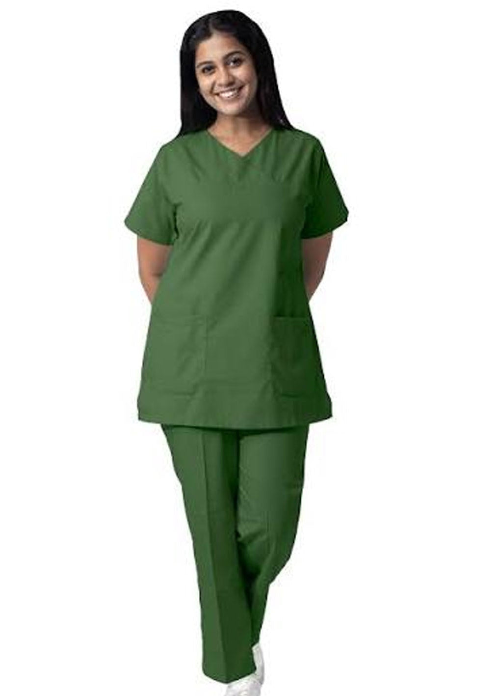 A woman modeling a matching green scrub set consisting of a short-sleeve V-neck scrub top and matching scrub pants, shown against a plain white background.