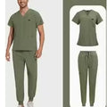 A male and female photo of olive green scrub set