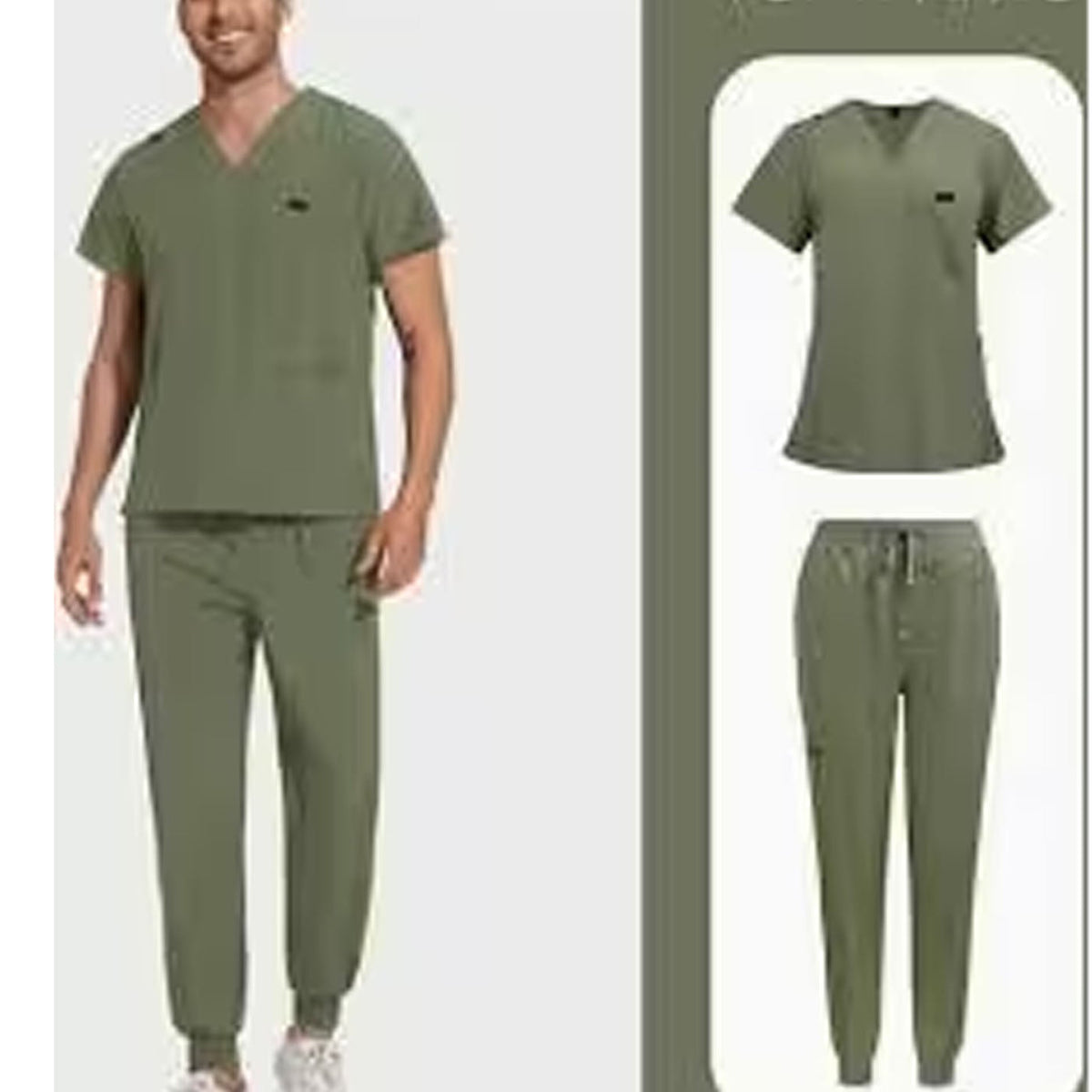 A male and female photo of olive green scrub set