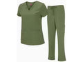 An olive green scrub set consisting of a short-sleeve V-neck scrub top with front pockets and matching straight-leg scrub pants with a drawstring waist, shown against a plain white background.