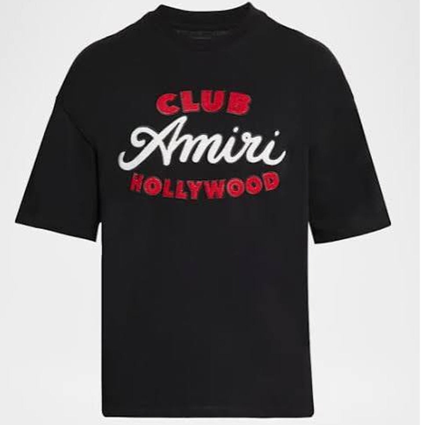 A black short-sleeve t-shirt with 'CLUB Amiri HOLLYWOOD' printed across the chest in red and white lettering, displayed against a light gray background.