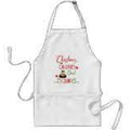 White apron with colorful text and graphics on a white background
