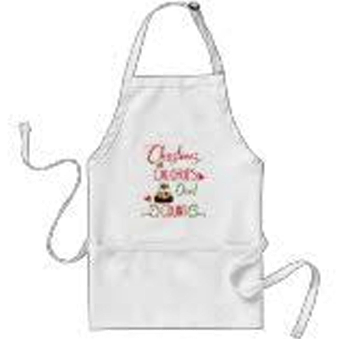 White apron with colorful text and graphics on a white background