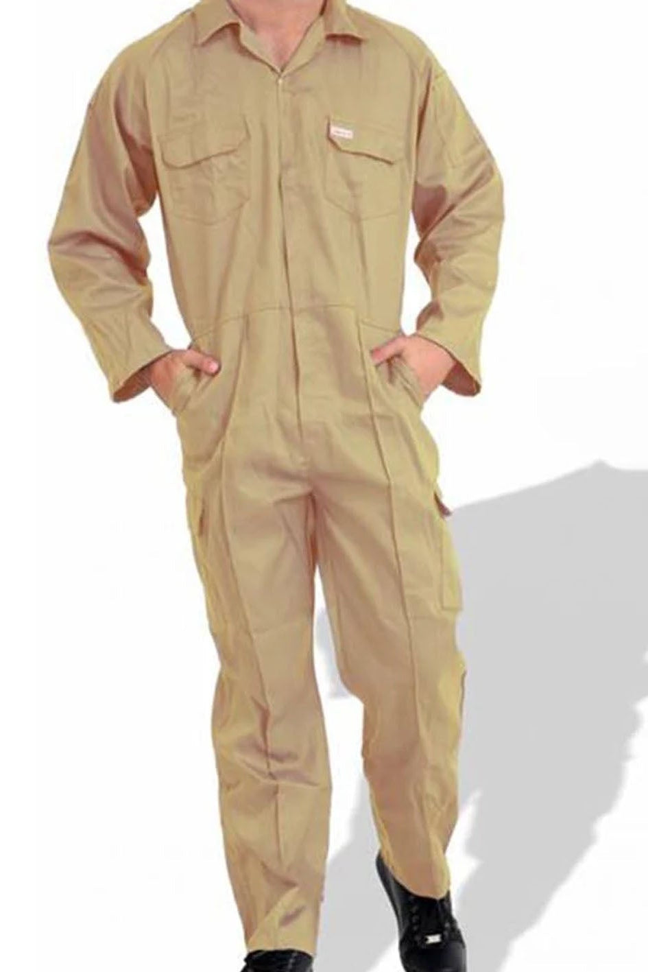 Beige coverall worn by a person on a white background