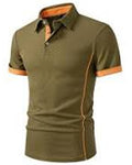 Green polo shirt with orange accents on a white background