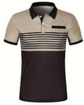 Beige and brown polo shirt with striped pattern on a white background