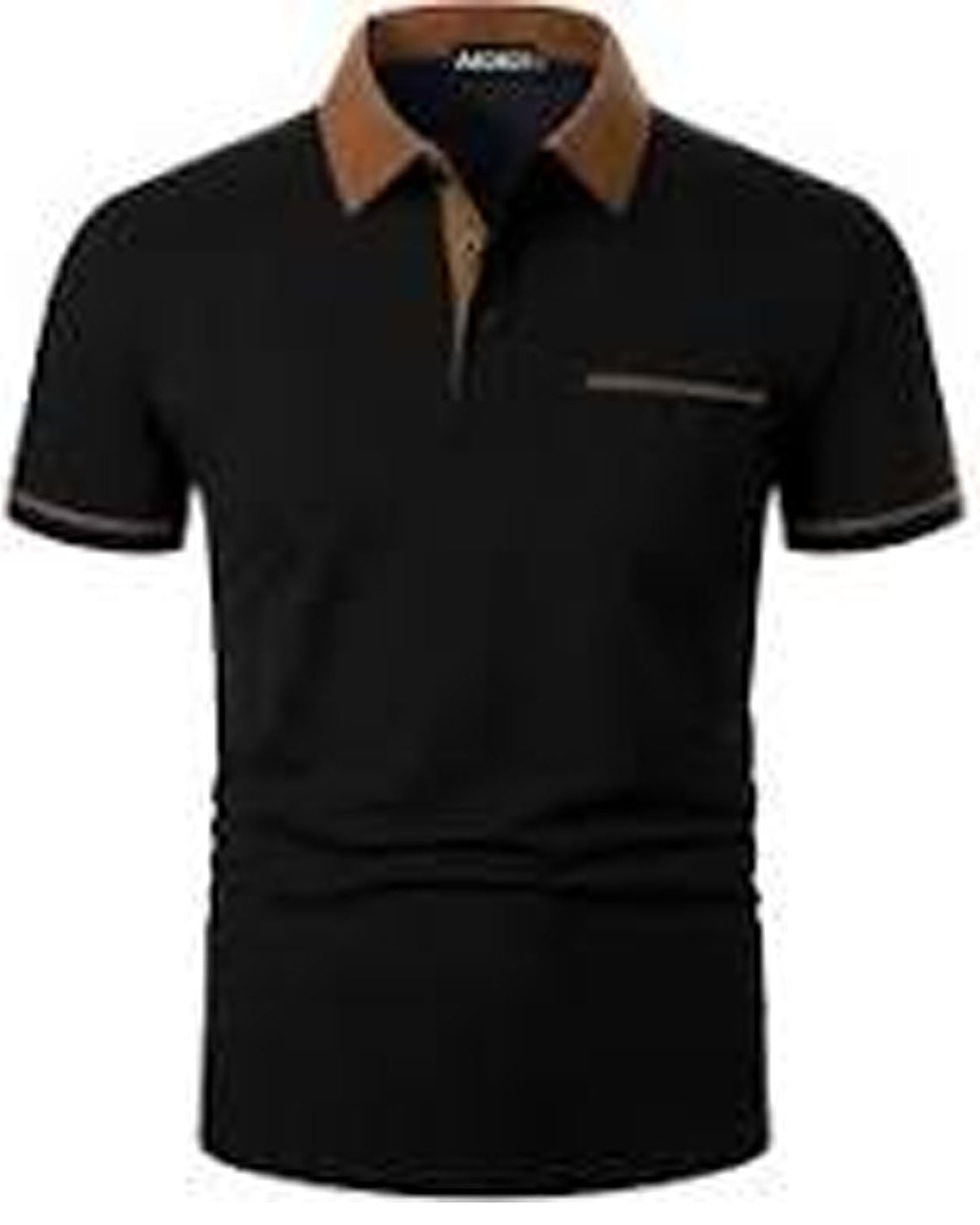 Black polo shirt with brown collar on a white background