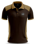 Brown and beige polo shirt with a logo on a white background