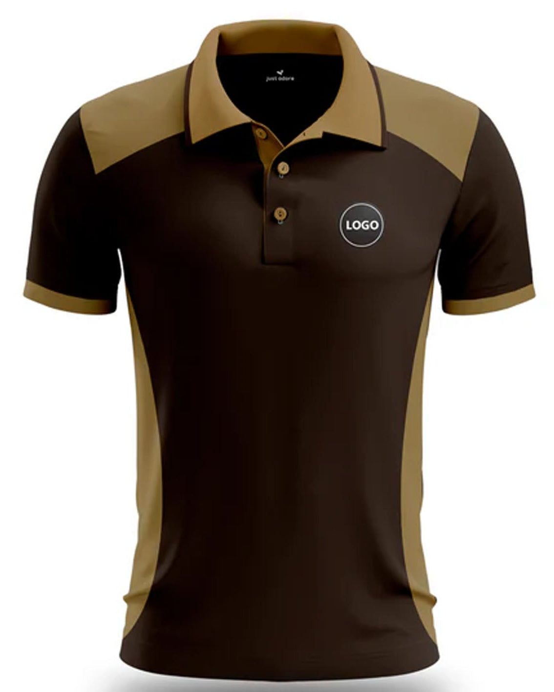 Brown and beige polo shirt with a logo on a white background