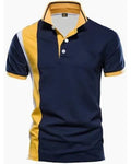 Navy blue and yellow polo shirt on a white background