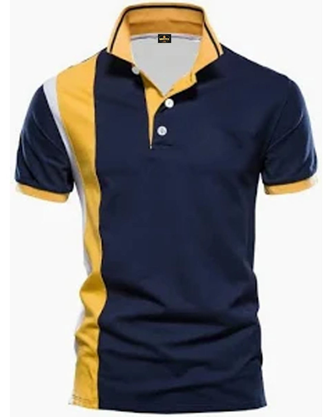 Navy blue and yellow polo shirt on a white background