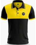 Black and yellow polo shirt with a logo on a white background