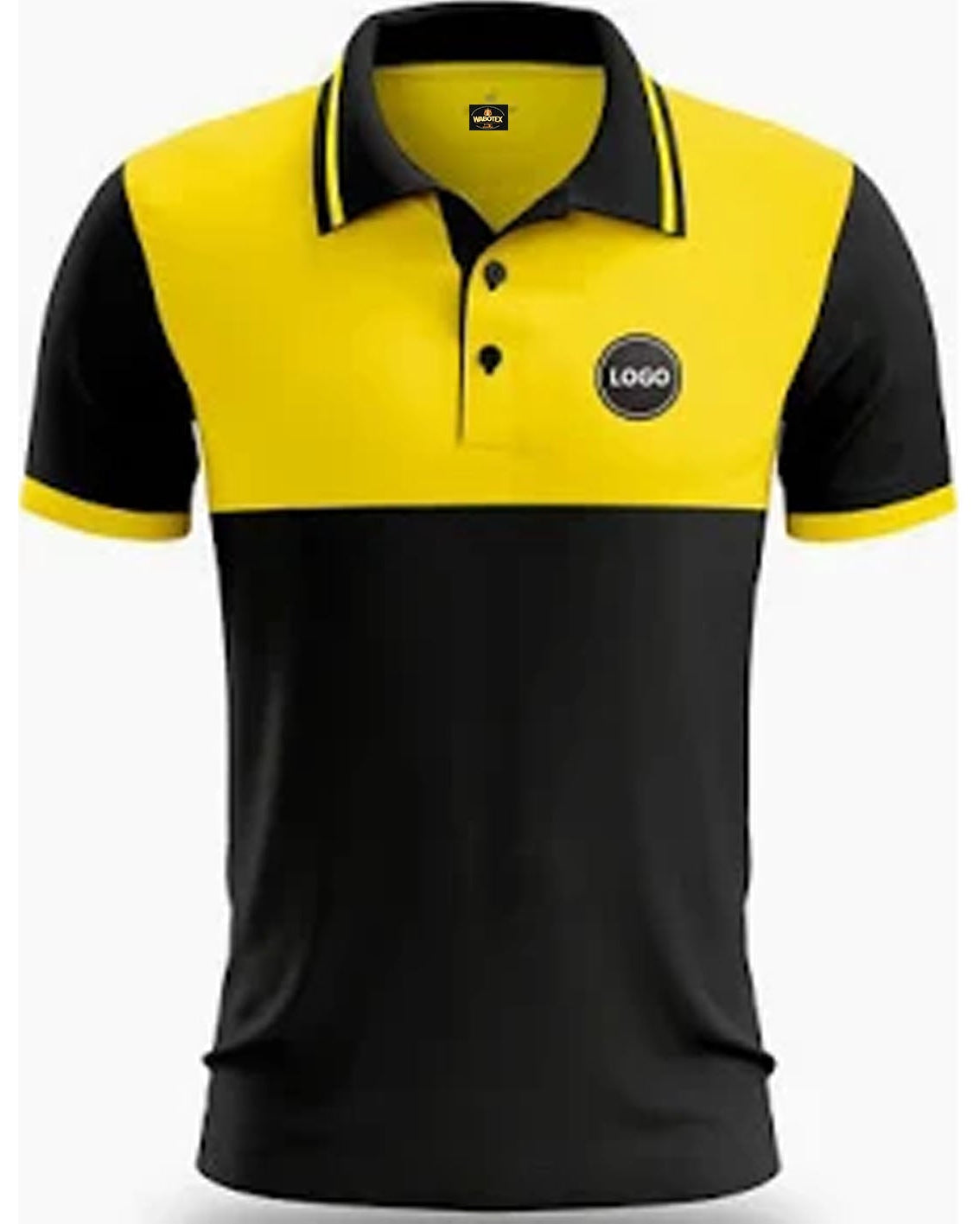Black and yellow polo shirt with a logo on a white background