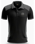 Black and gray polo shirt with a logo on a white background