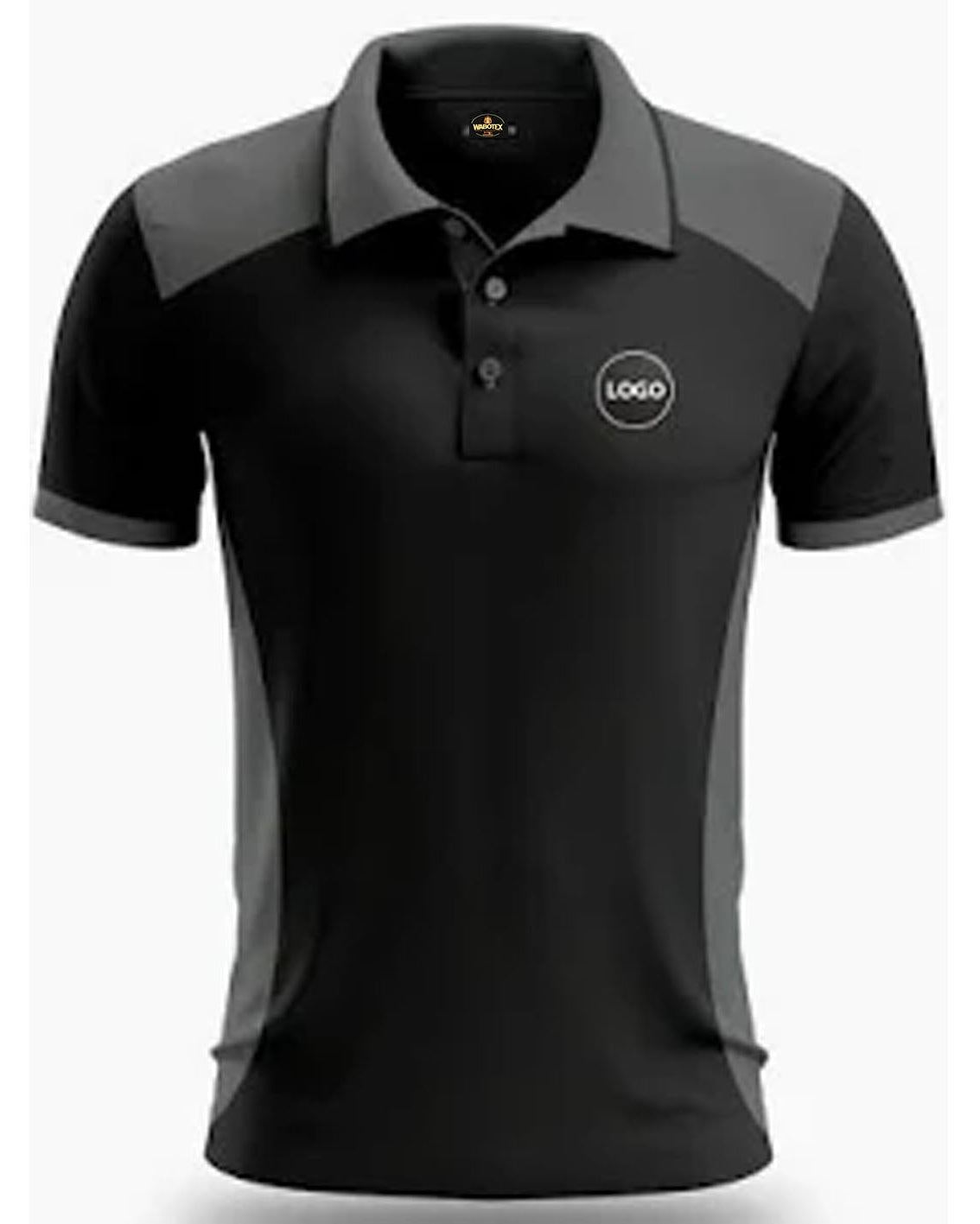 Black and gray polo shirt with a logo on a white background