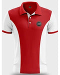 Red and white polo shirt with a logo on a light gray background