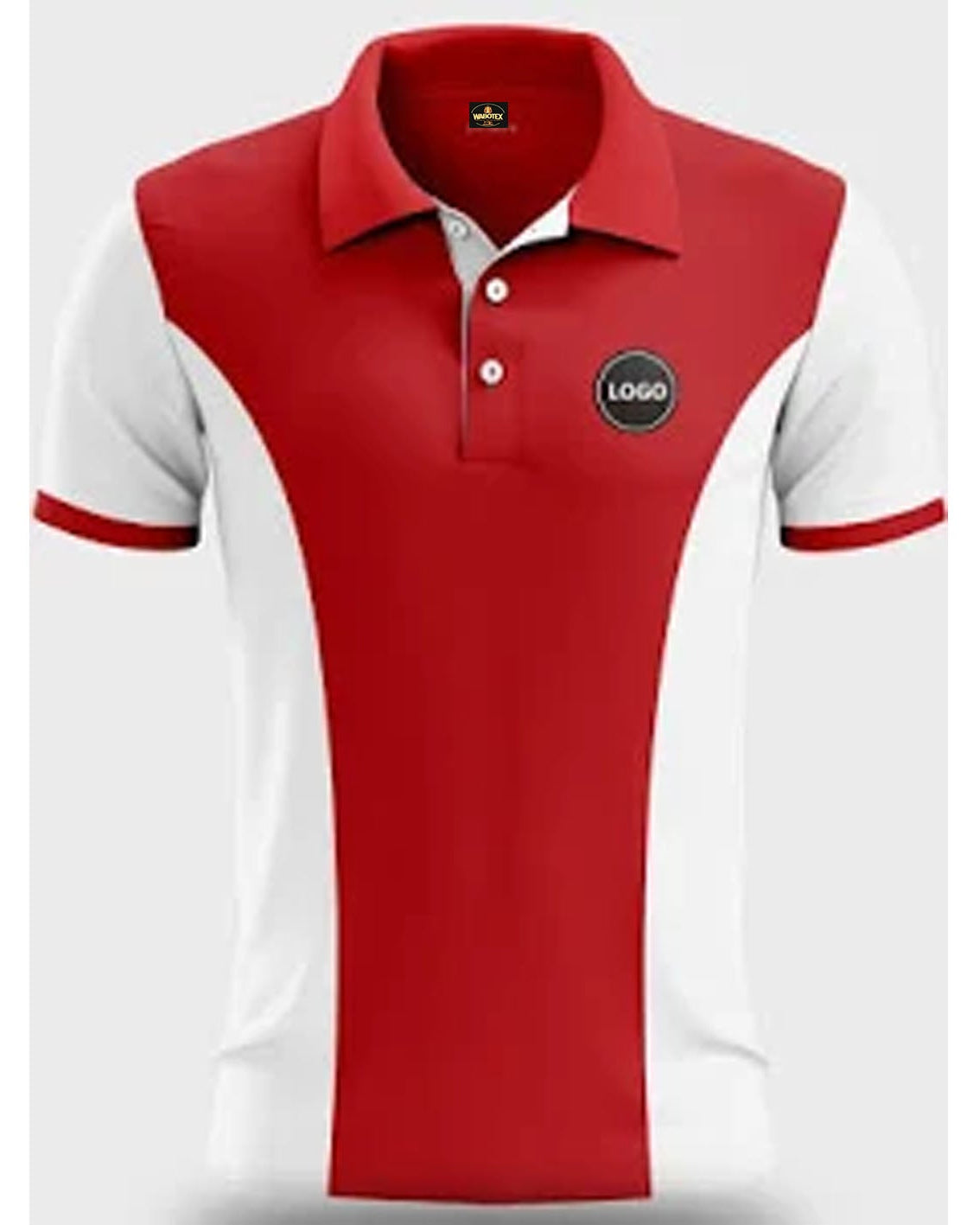 Red and white polo shirt with a logo on a light gray background
