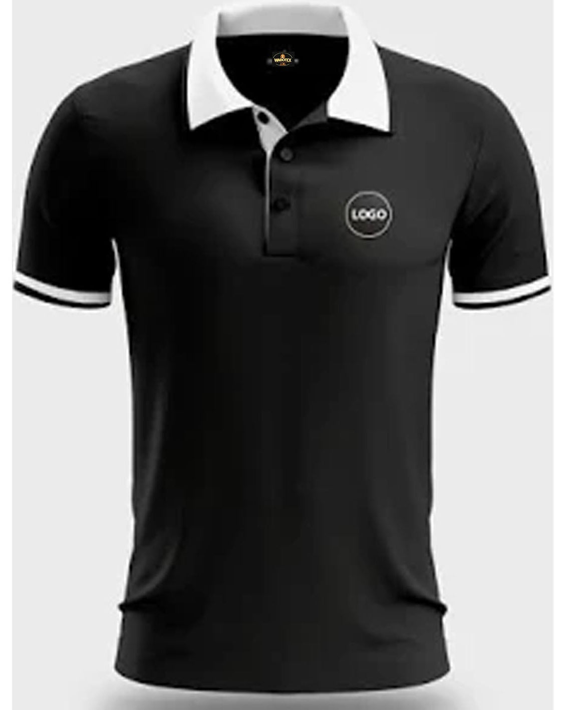 Black polo shirt with white collar and logo on a light gray background