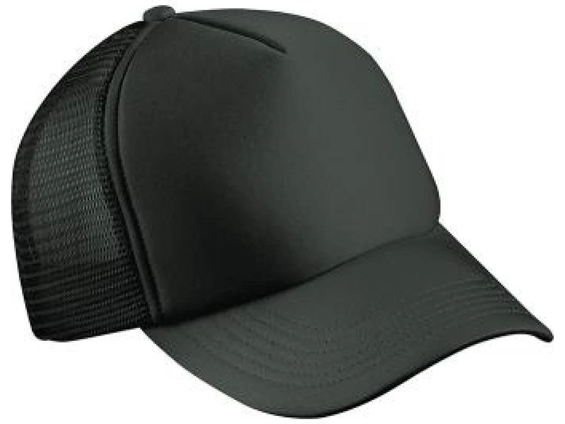 Black trucker cap with mesh back on a white background