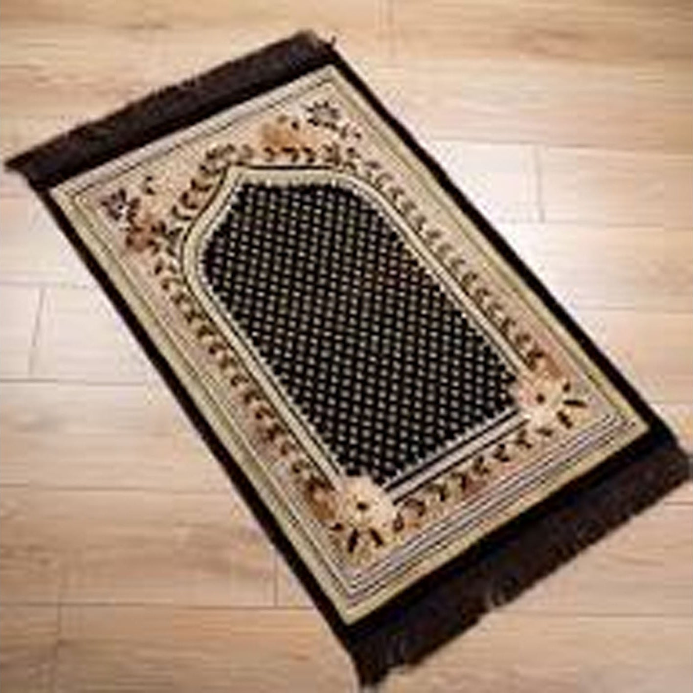Decorative rug with intricate patterns on a wooden floor