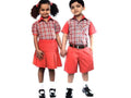 A young boy and girl standing hand-in-hand, wearing matching red and white plaid short-sleeve collared shirts with red bottoms, one pleated skirt and the other shorts, on a plain white background.