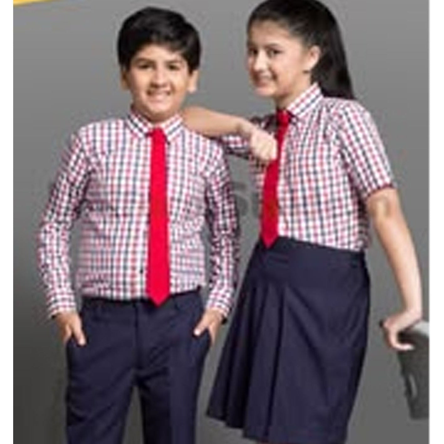 Two children modeling matching school uniform sets. The boy wears a red and white checkered long-sleeve shirt with a red tie and navy trousers, while the girl wears a matching checkered short-sleeve shirt with a red tie and a navy pleated skirt.