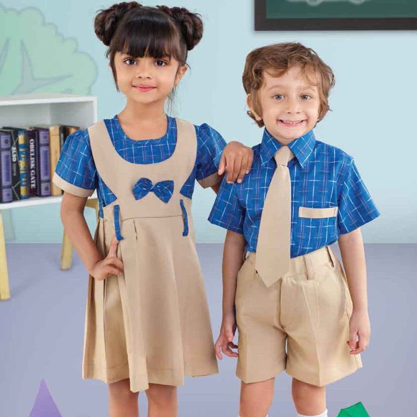 Two children in matching school uniforms standing together in a classroom setting.