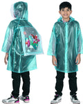 Two children wearing clear raincoats with cartoon designs on a white background