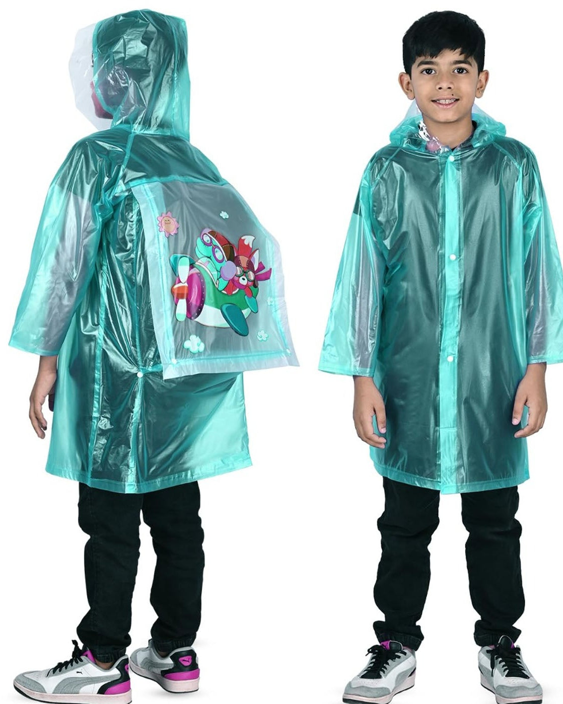 Two children wearing clear raincoats with cartoon designs on a white background