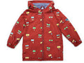 Red children's raincoat with colorful patterns on a white background