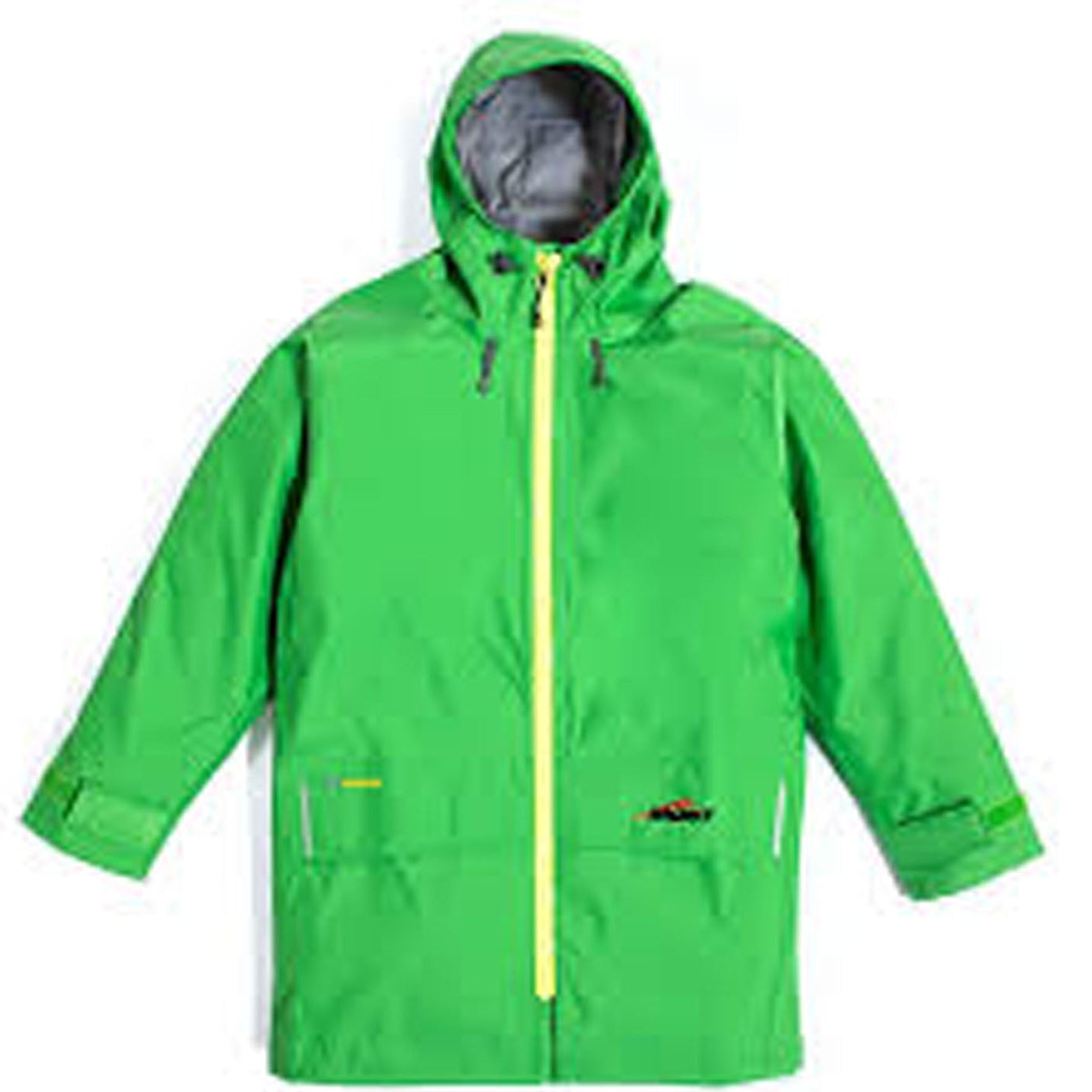 Green raincoat with a yellow zipper on a white background