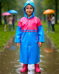 Child wearing a pink and blue raincoat standing in a puddle with people holding umbrellas in the background.