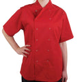 Red chef's coat worn by a person on a white background