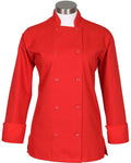 Red chef's coat on a mannequin against a white background