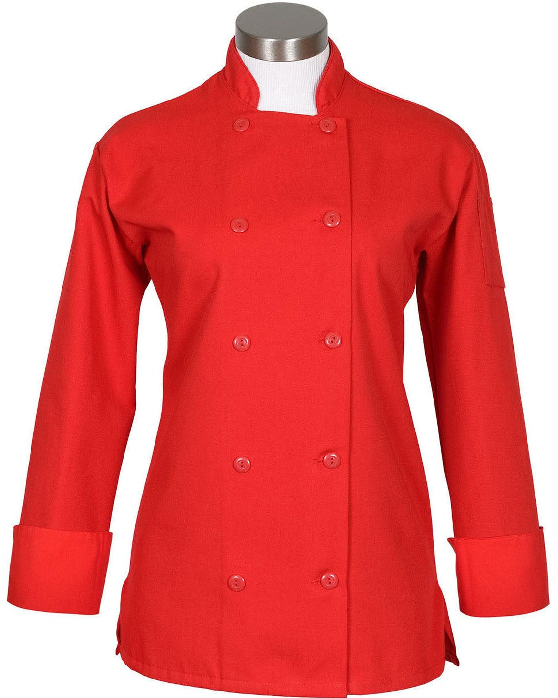 Red chef's coat on a mannequin against a white background