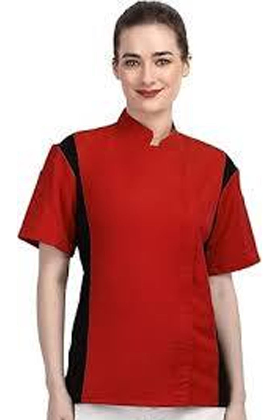 Person wearing a red and black chef's jacket on a white background
