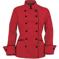 Red chef's coat with black buttons on a white background