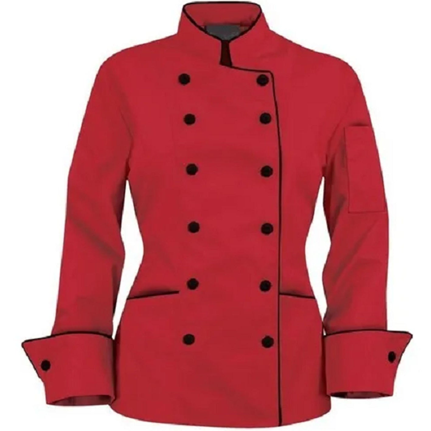Red chef's coat with black buttons on a white background