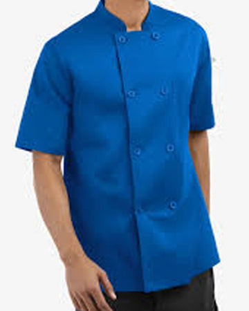 A Man wearing a Royal Blue Chef Jacket on a white background