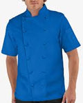 Person wearing a blue chef's coat on a white background