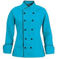 Turquoise chef's coat with black buttons on a white background