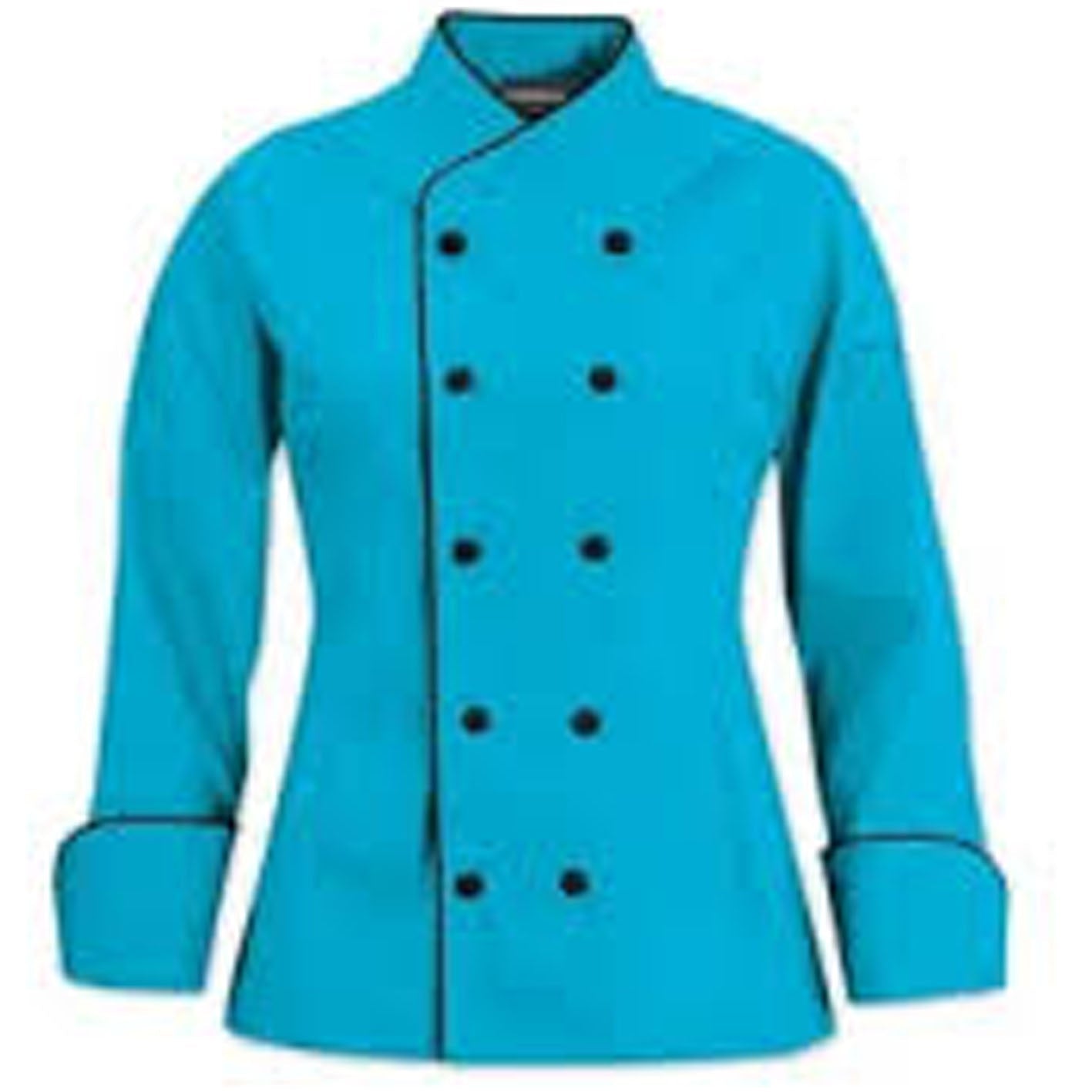Turquoise chef's coat with black buttons on a white background