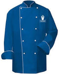 Blue chef's coat with white buttons on a white background