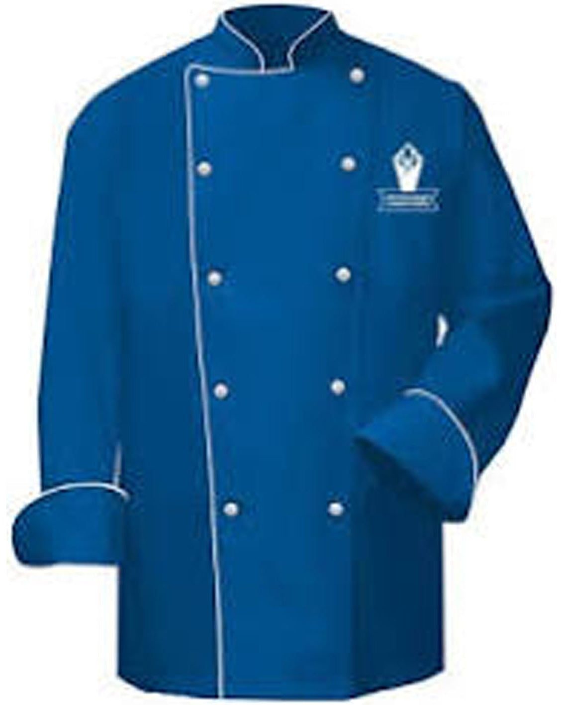Blue chef's coat with white buttons on a white background