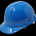 Blue hard hat with a brand logo on a white background