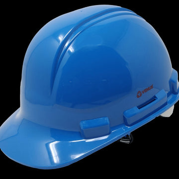 Blue hard hat with a brand logo on a white background