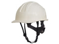 White hard hat with black chin strap on a white background