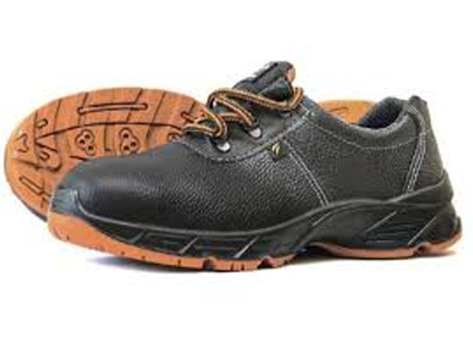 Pair of black safety shoes with brown soles on a white background