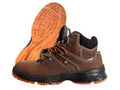 Brown hiking boots with orange soles on a white background